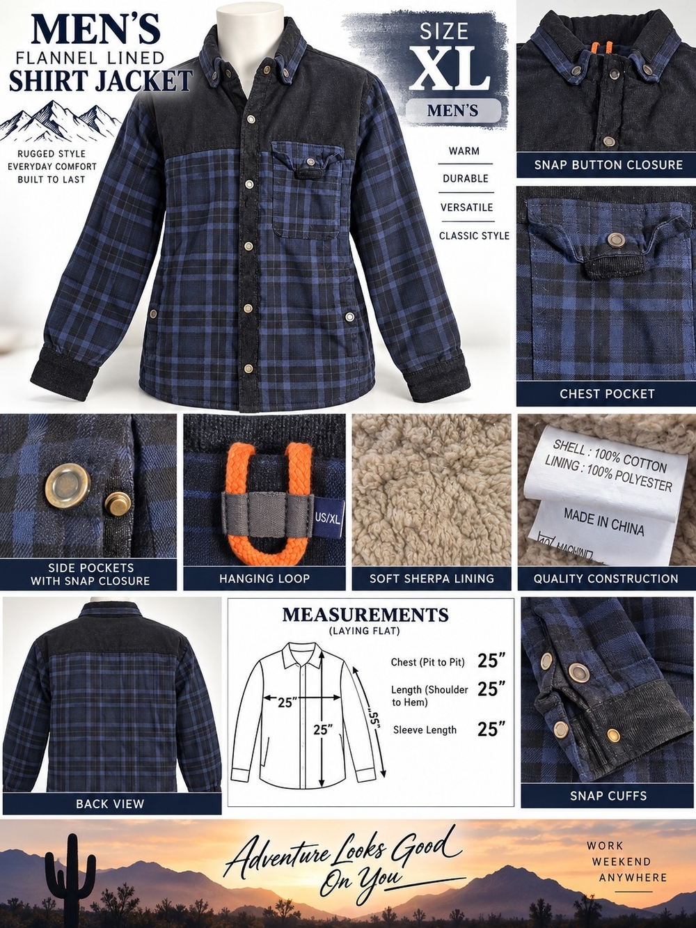 Men’s XL Navy & Black Plaid Flannel-Lined Shirt Jacket